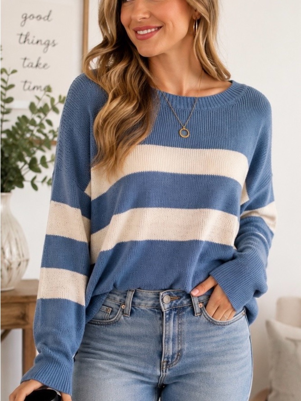 American Eagle Outfitters Blue and Cream Striped Crewneck Sweater- Size M